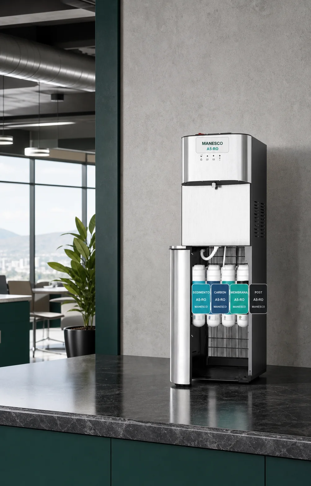Ficha tecnica Manesco A5-RO sin garrafón con osmosis inversa.